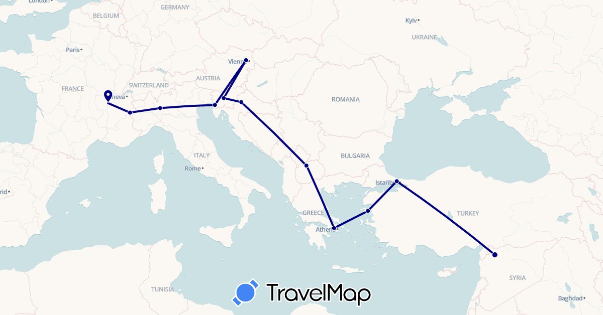 TravelMap itinerary: driving in Austria, France, Greece, Croatia, Italy, Macedonia, Slovenia, Syria, Turkey (Asia, Europe)